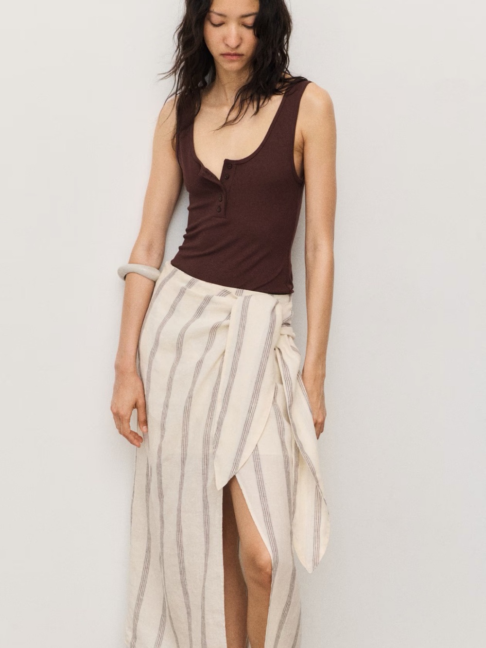 Neutral Striped Wrap Maxi Skirt - Cream. Linen never worn